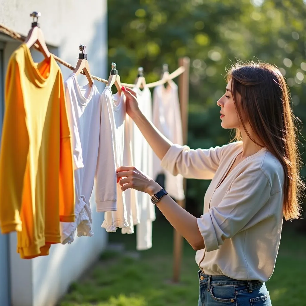 Woman hanging clothes to dry