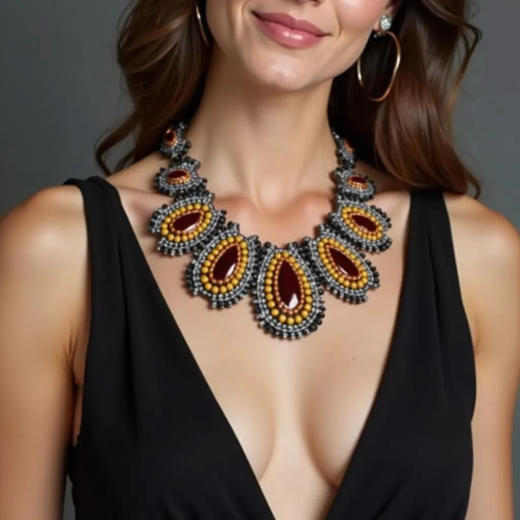 Woman in Black Dress Wearing a Statement Necklace