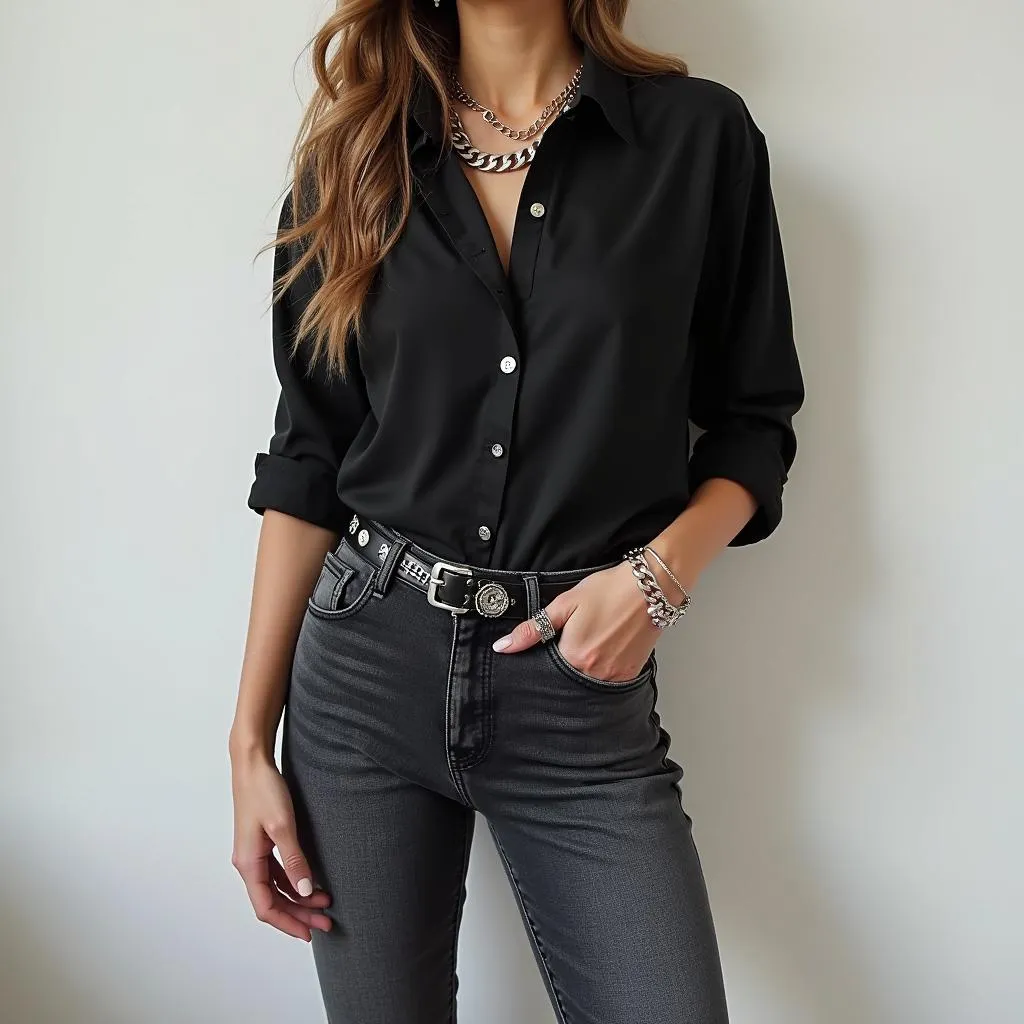 Woman in Black Shirt and Dark Wash Jeans