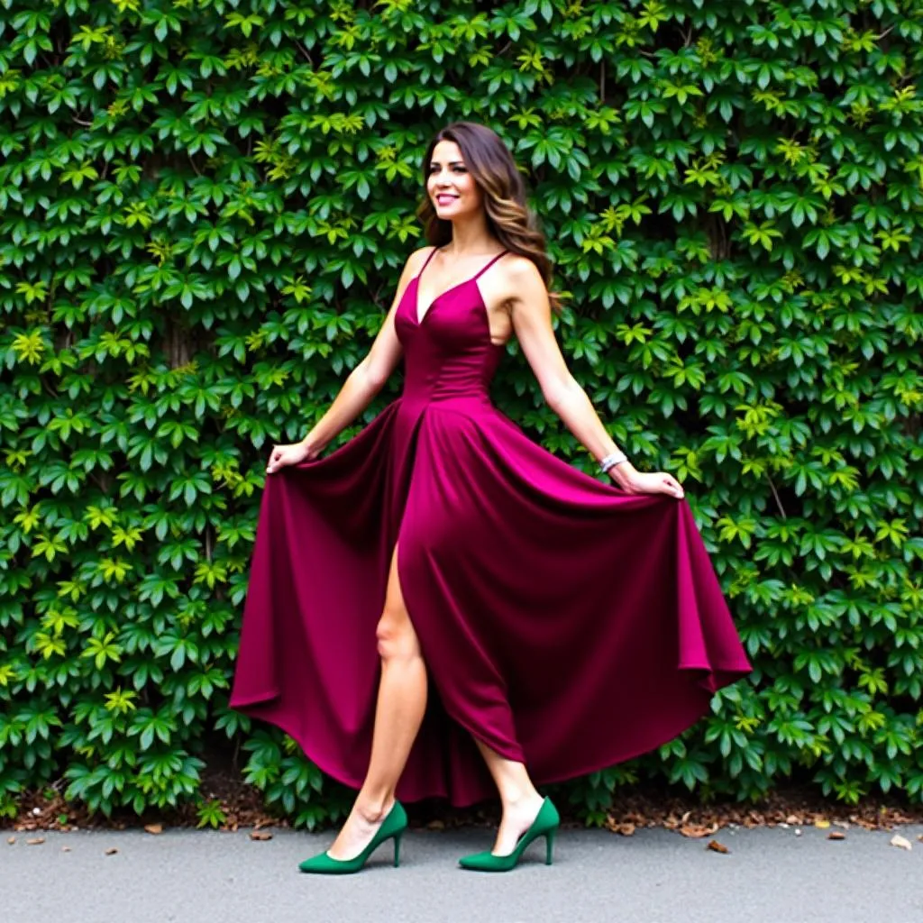 Woman wearing a flowing burgundy dress with emerald green heels