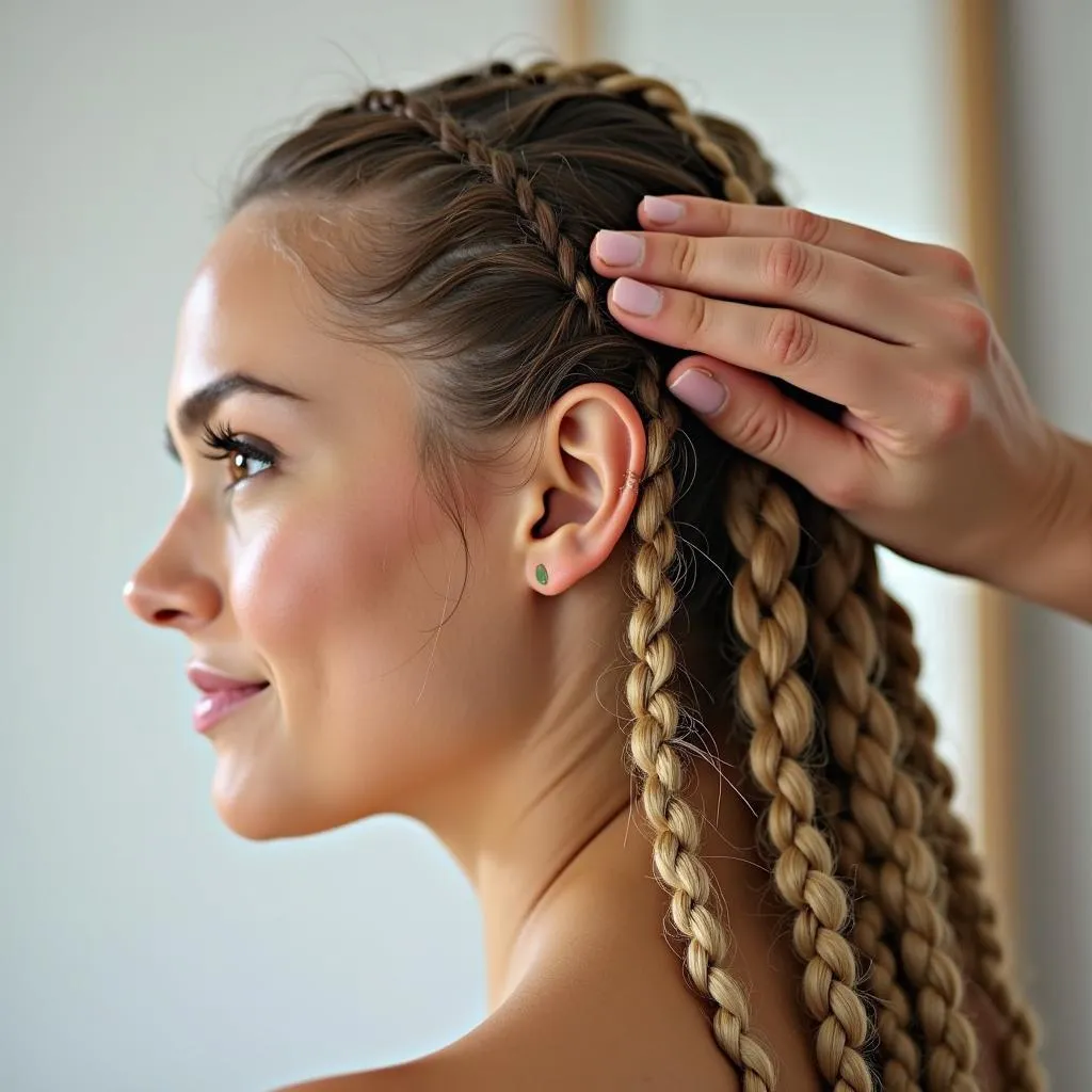 A woman applying hair oil to her braids