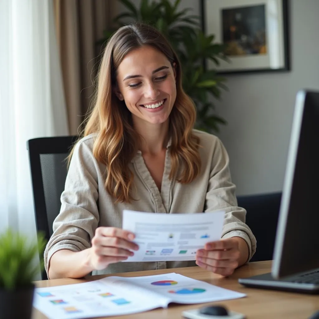 Woman printing color documents using a home printer.