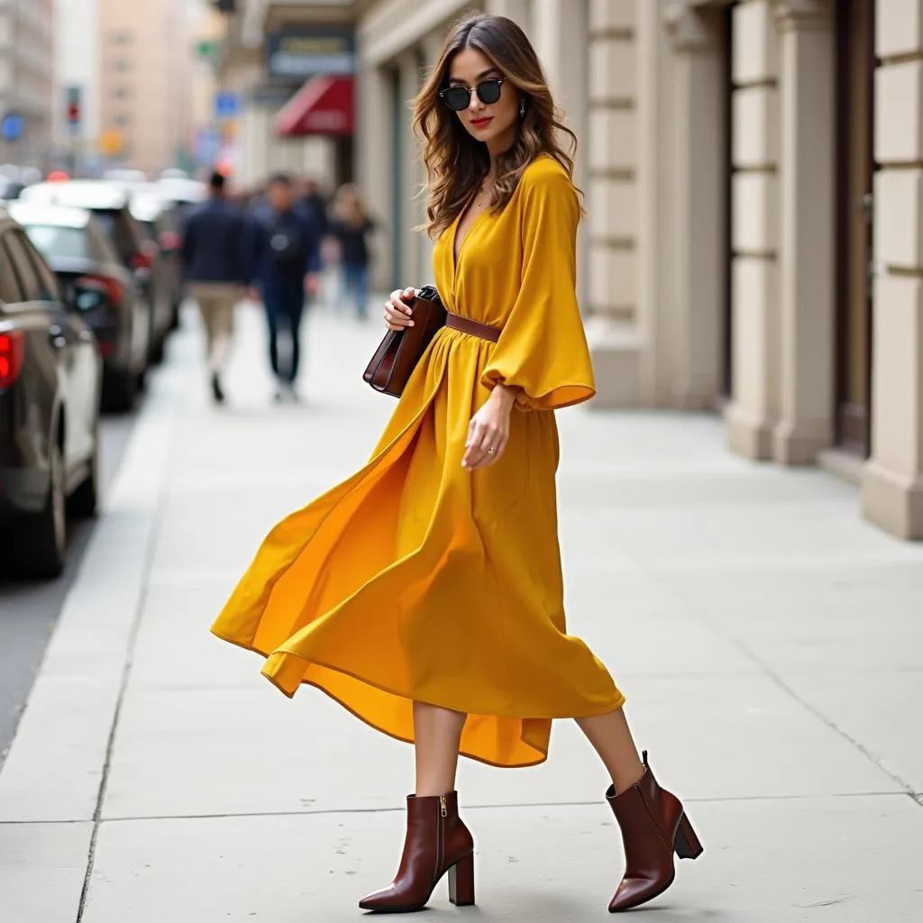 Woman wearing a mustard yellow dress and brown leather boots