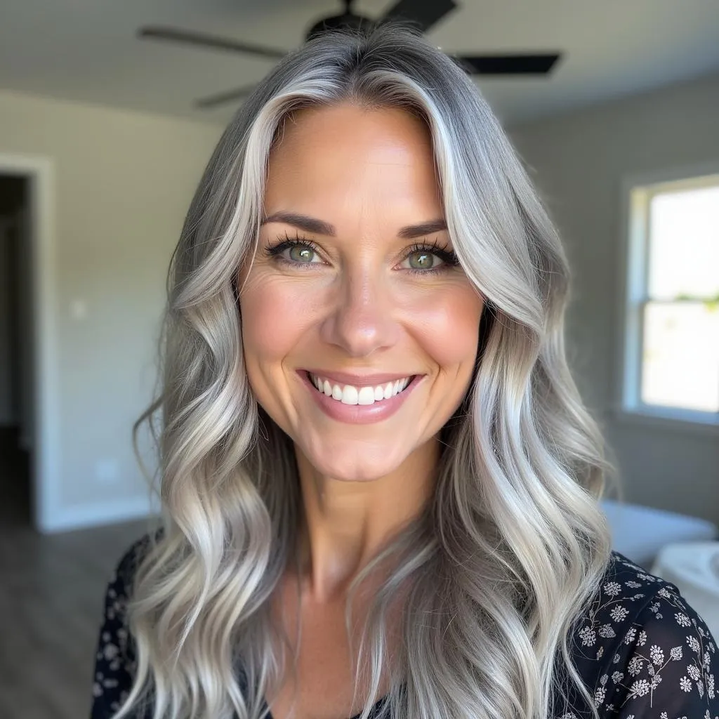 Woman with long, healthy gray hair