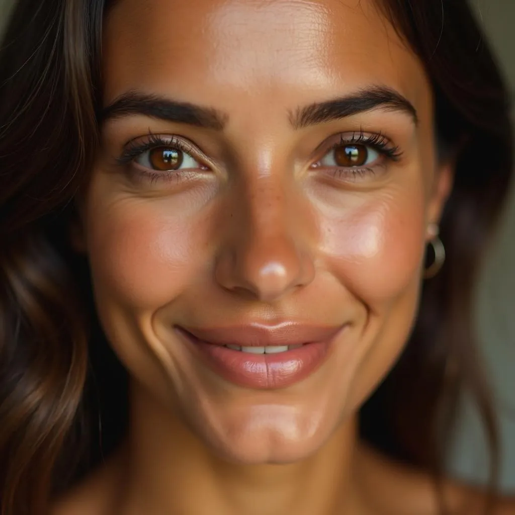 Smiling woman with olive skin tone