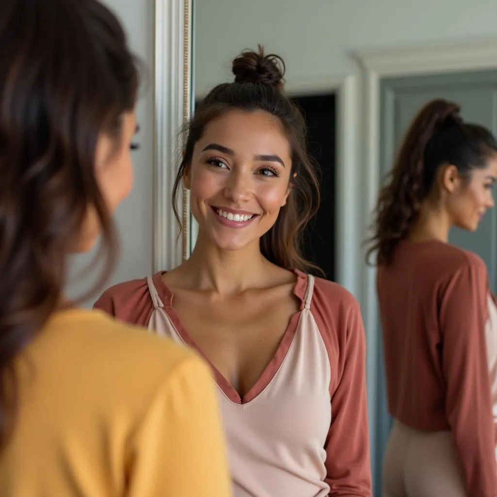 Woman with olive skin trying on clothes