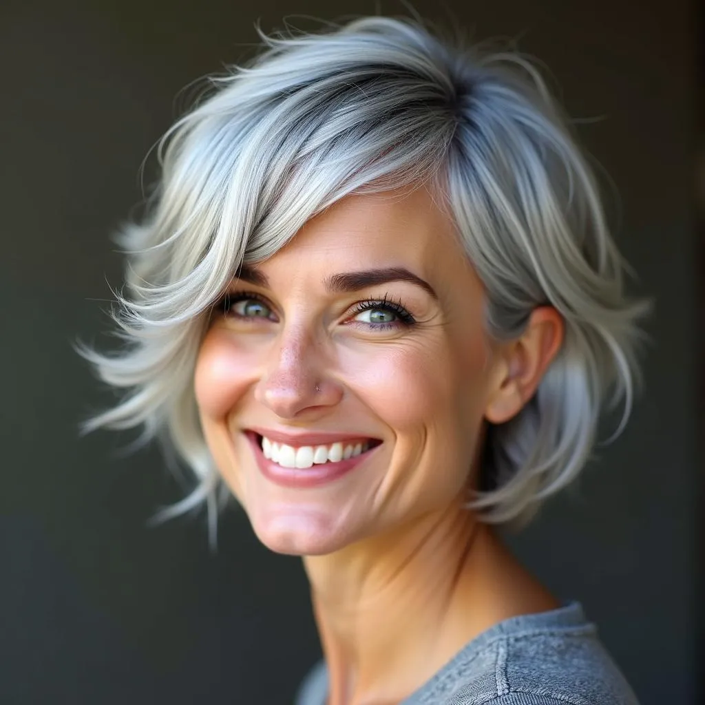 Woman with short gray hair smiling confidently