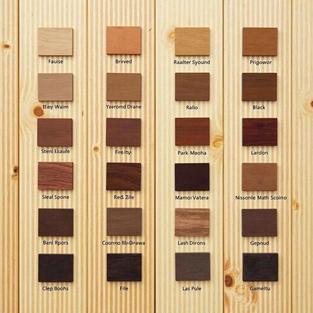 Wood stain color chart displayed on pine wood planks