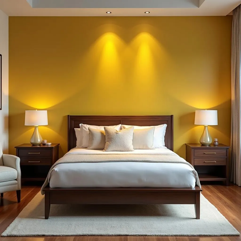 Yellow bedroom with brown furniture