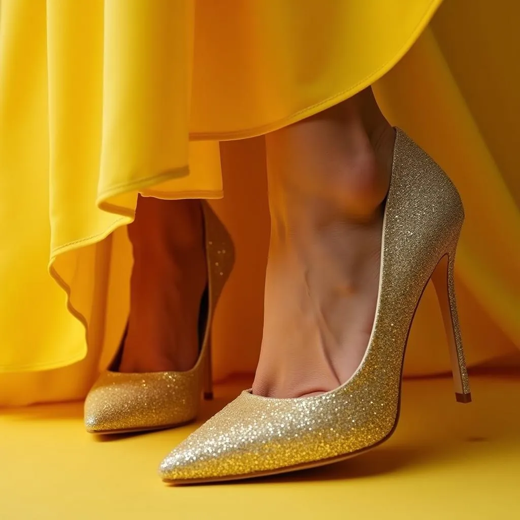 Yellow dress with metallic shoes