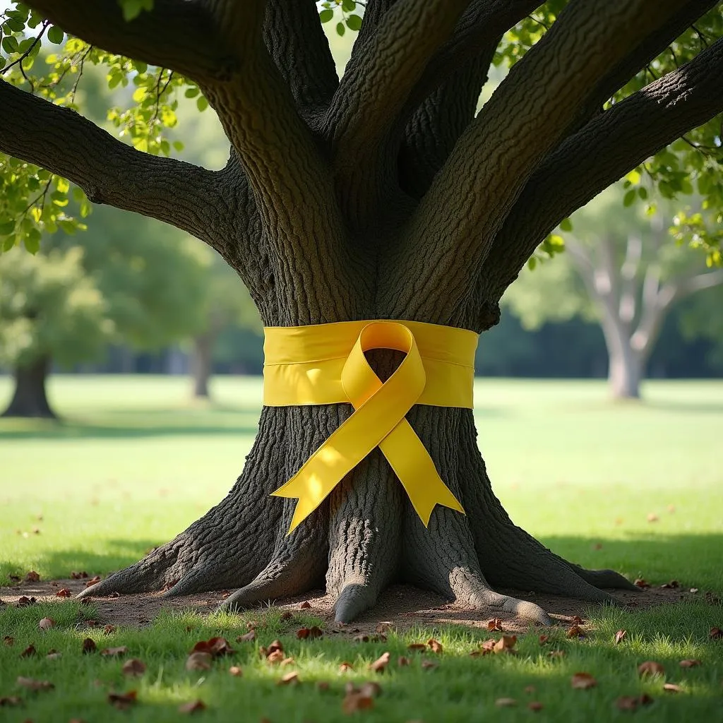 Yellow ribbon tied around a tree symbolizing support for troops