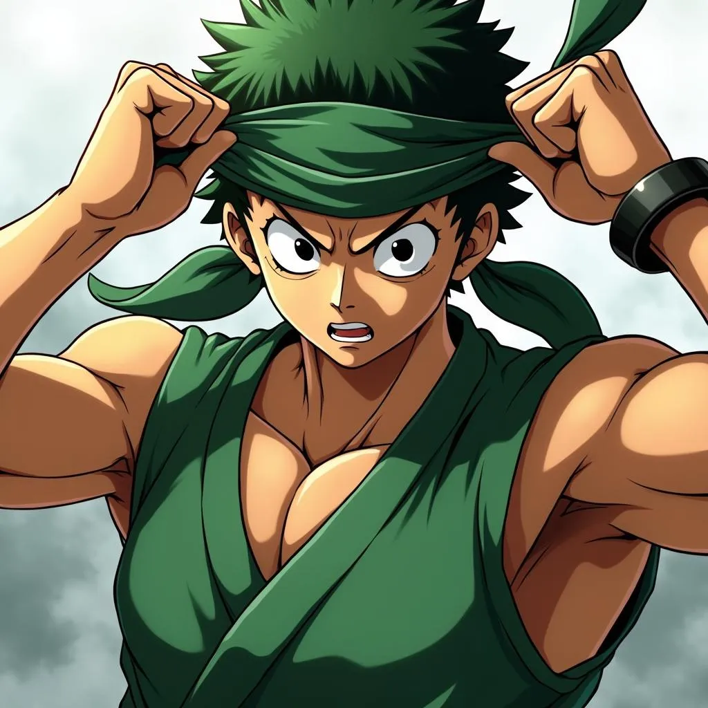 Zoro ties his green bandana before an intense fight