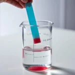 Blue litmus paper turning red in a beaker containing an acidic solution