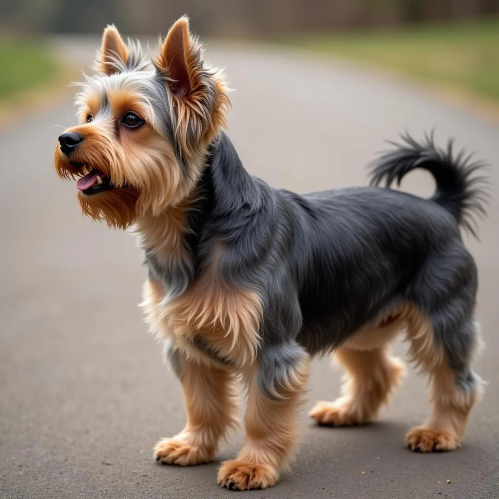 Adult Yorkie with steel blue and tan coat