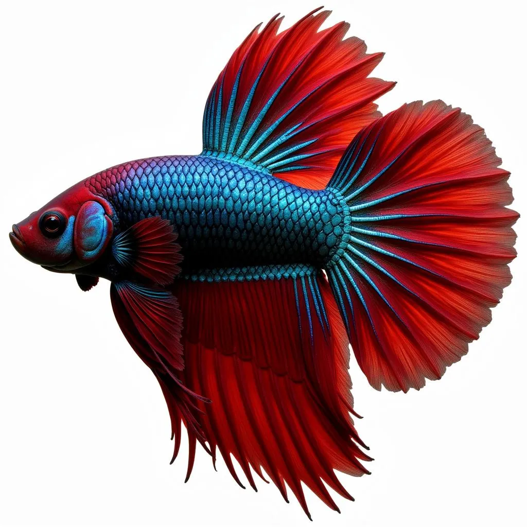 An aging betta fish with darker colors swimming gracefully.