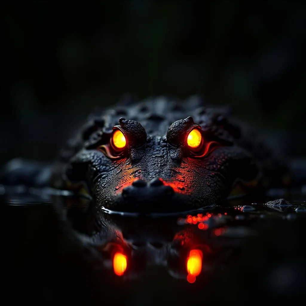 Alligator eyes glowing in the dark