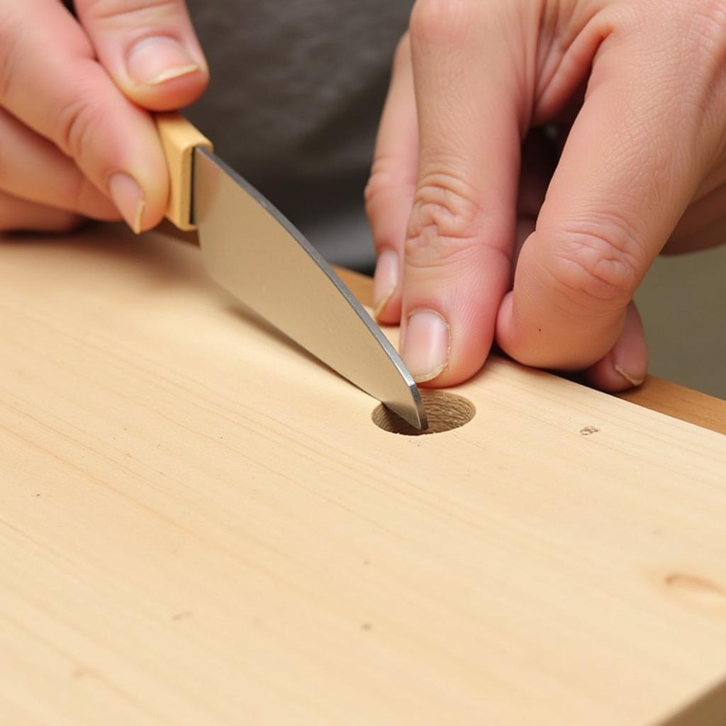 Applying colored wood filler to a wood defect with a putty knife