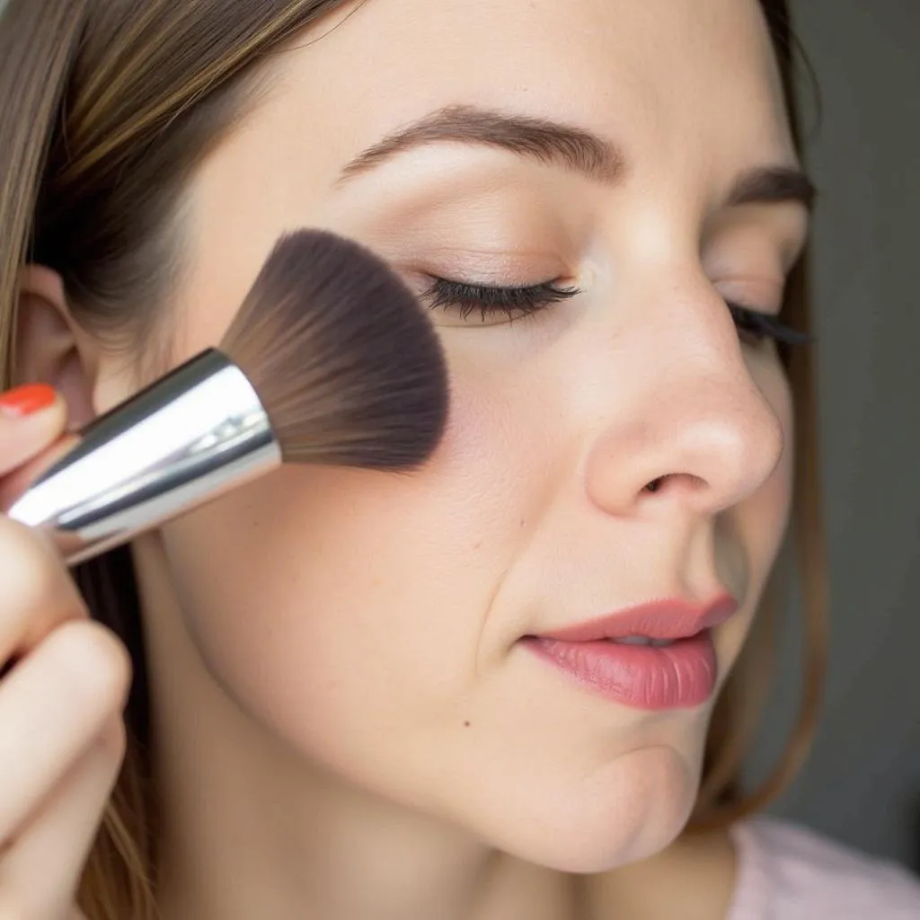 Close-up of a makeup brush blending concealer under the eye