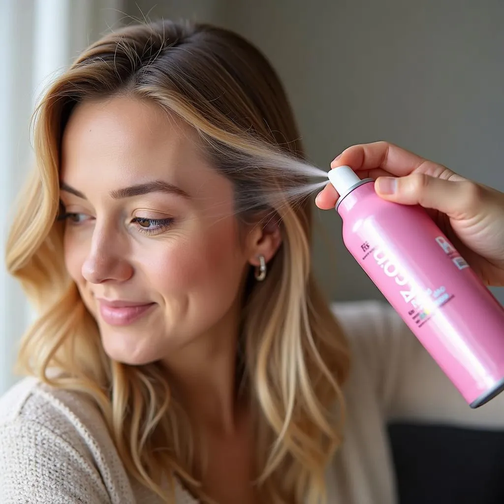 A person applying temporary hair color spray to their hair