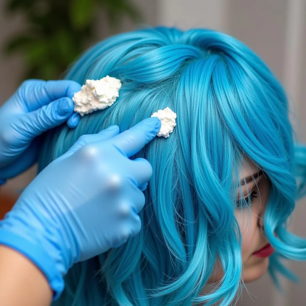 Close-up of hands applying vitamin C paste to blue hair