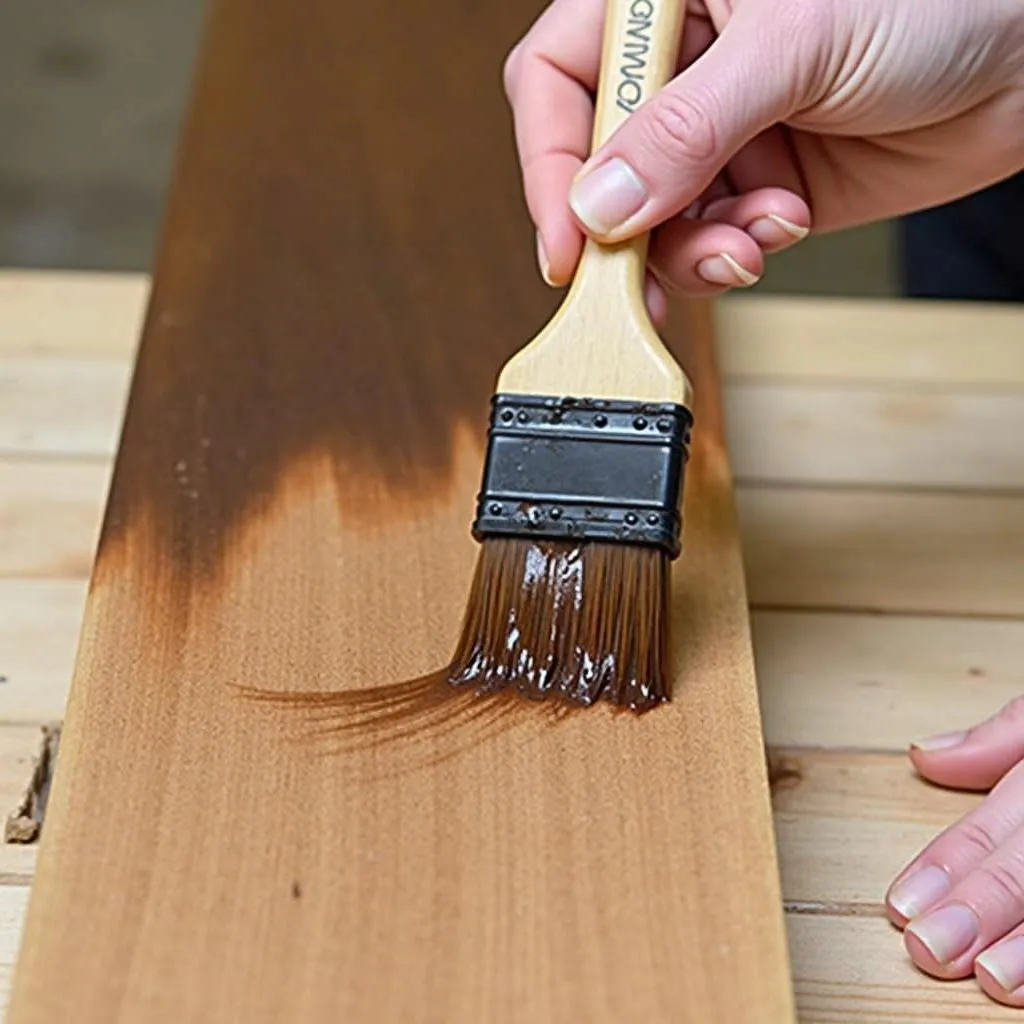 Applying wood stain with a brush