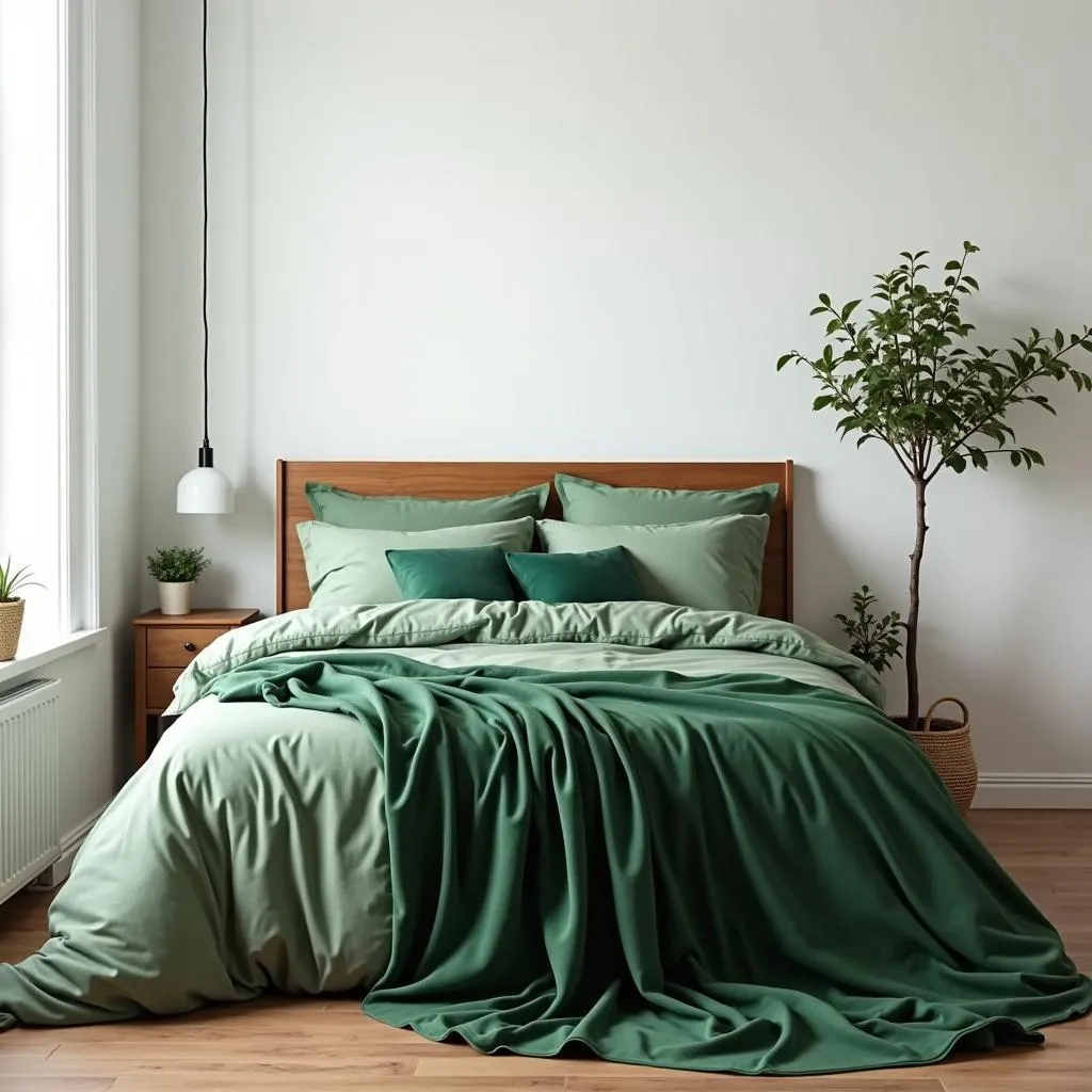 Bedroom with army green bedding and emerald green accents