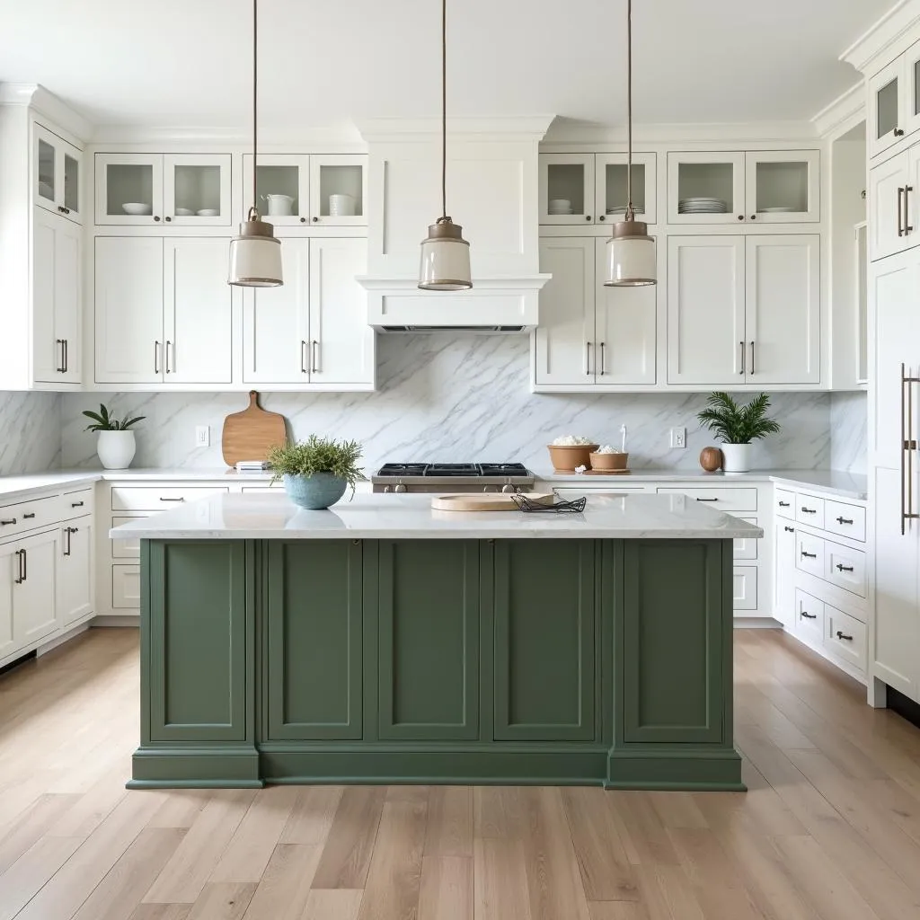 Kitchen with army green island, white cabinets, and marble countertops