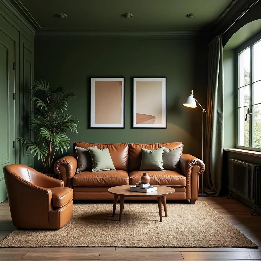 Living room with army green walls and brown leather furniture