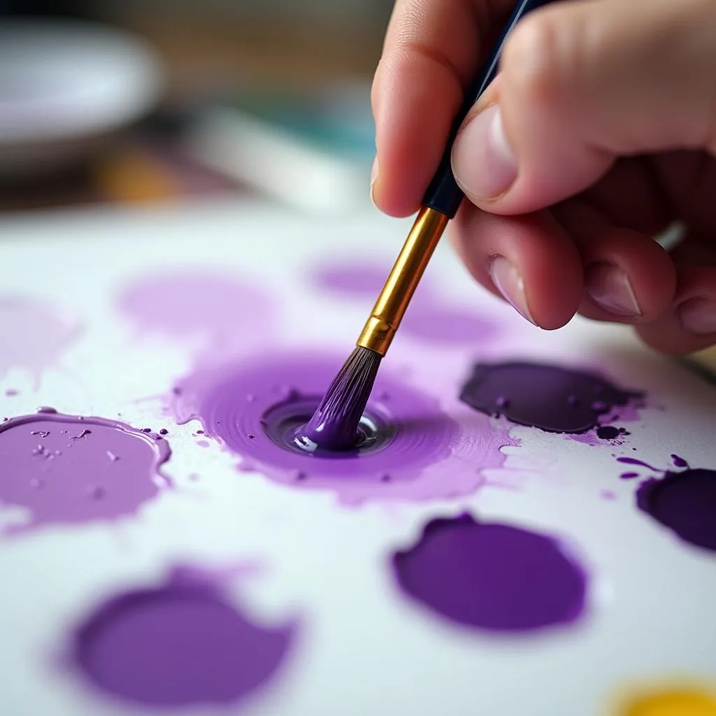 An artist mixing purple paint on a palette