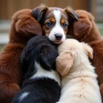 Australian Shepherd puppies in black, red, and cream colors