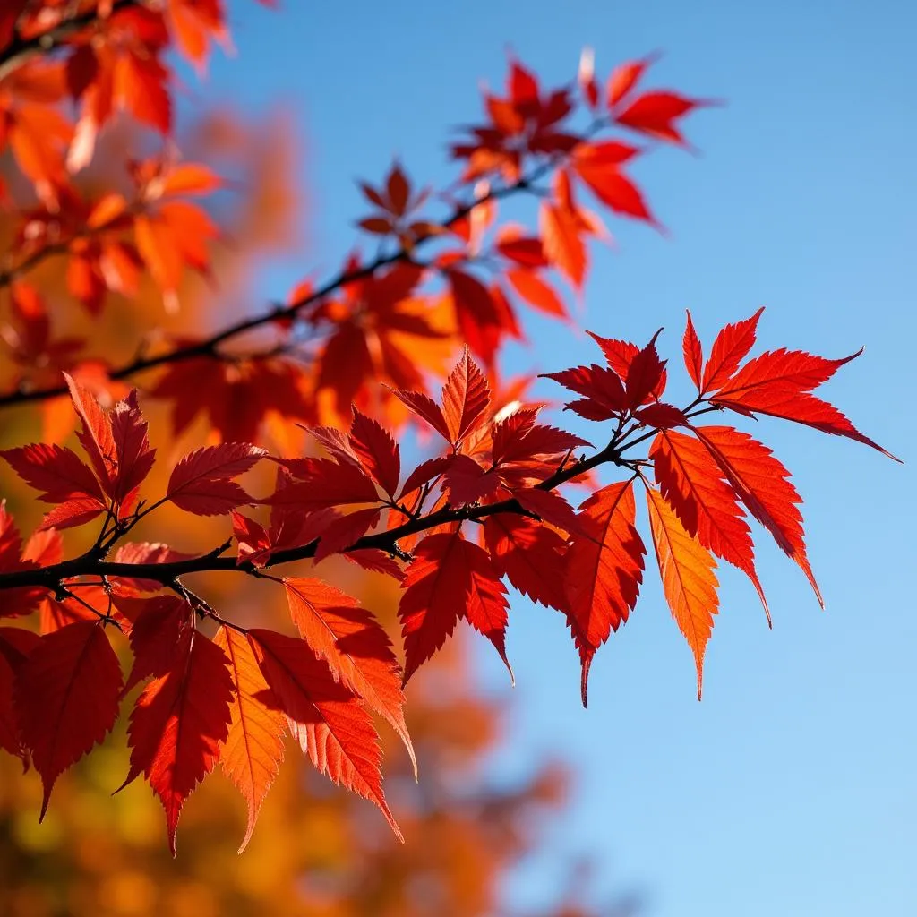 Red and orange autumn leaves on branches