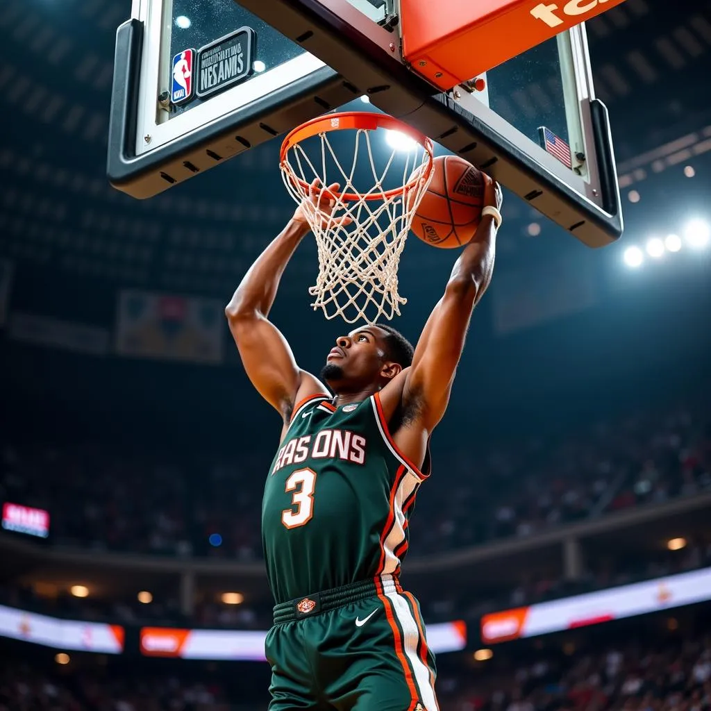 Basketball player dunking on an orange rim