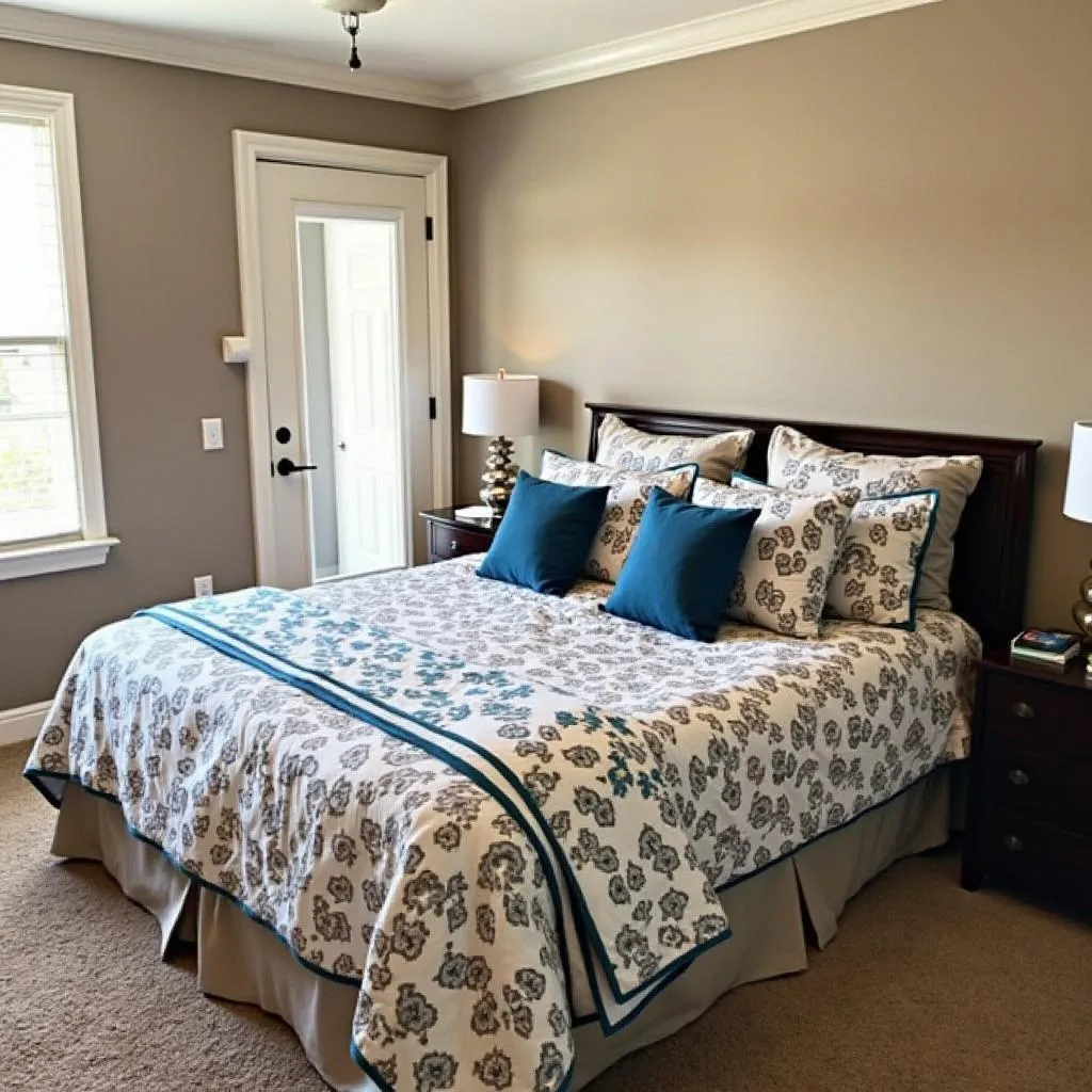 Bedroom with brown and white color scheme and blue accents