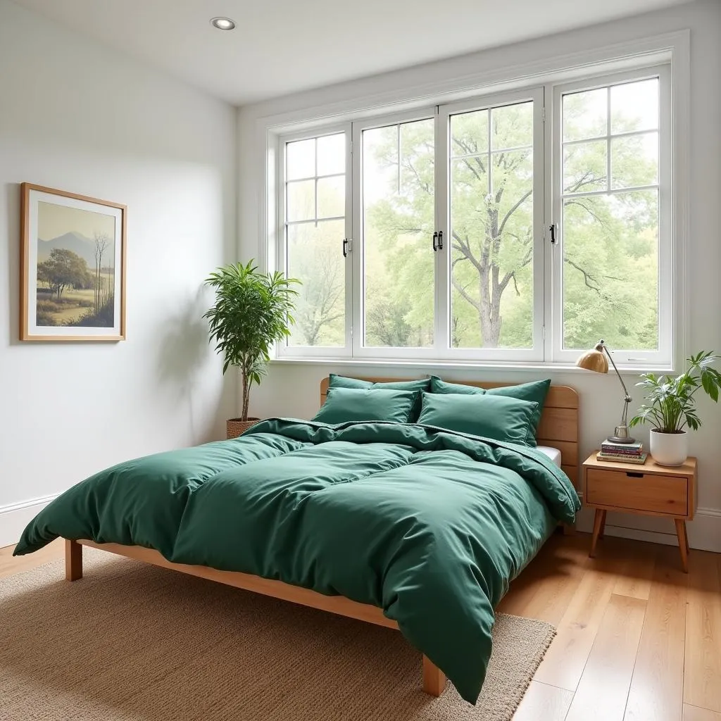 Bedroom with loden green bedding