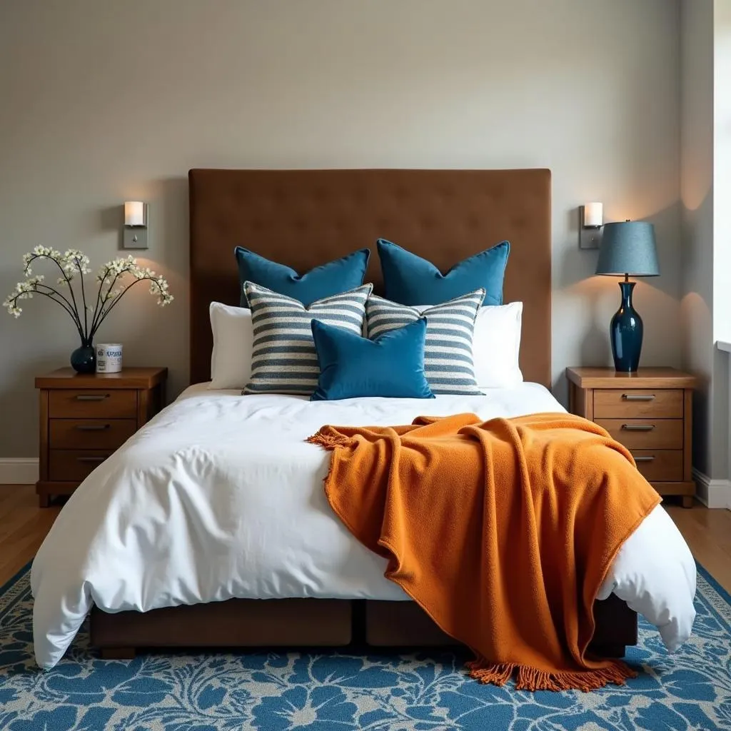 Bedroom with Orange, Brown, and Blue Decor