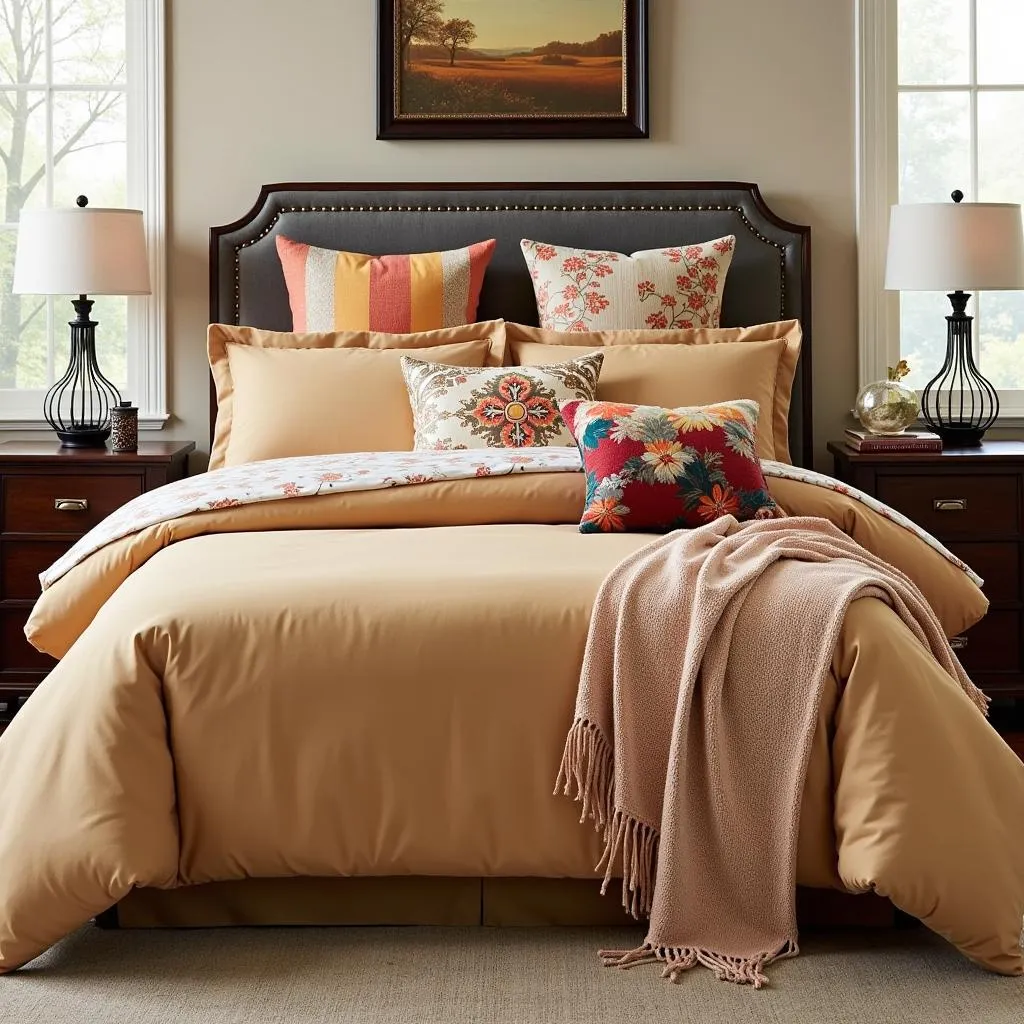 Tan comforter with colorful throw pillows on a bed