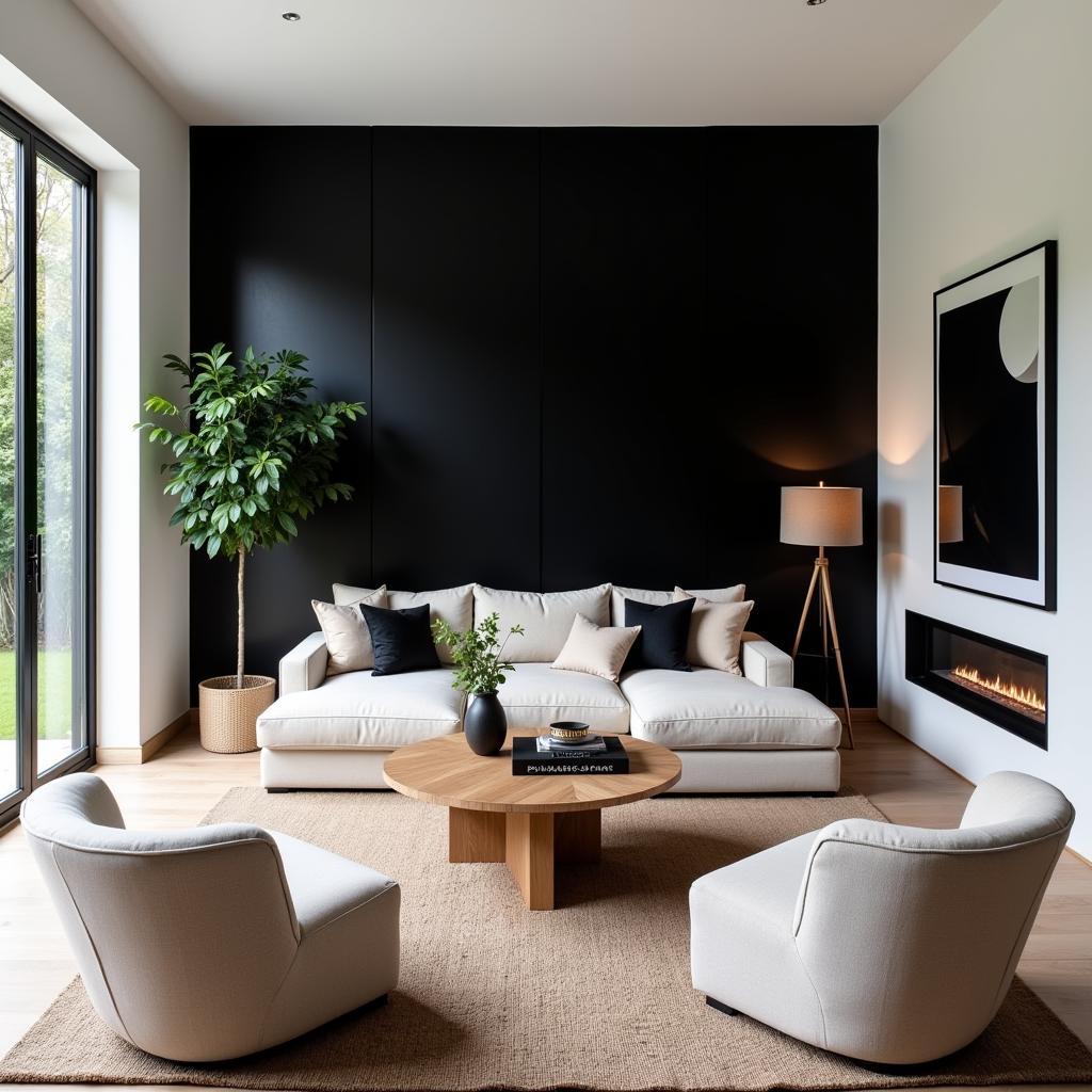 Black accent wall in a living room with natural light