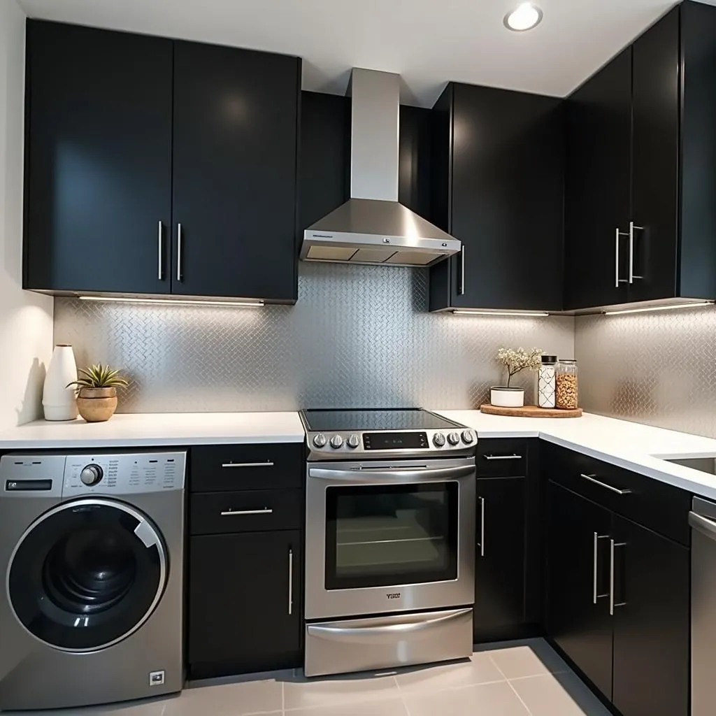 Modern kitchen with black cabinets and silver backsplash