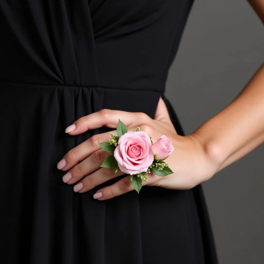 Close up of a pink corsage on a wrist