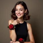 Woman in a black dress with a red corsage