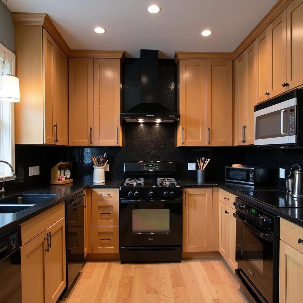 Black granite countertops with oak cabinets and black appliances