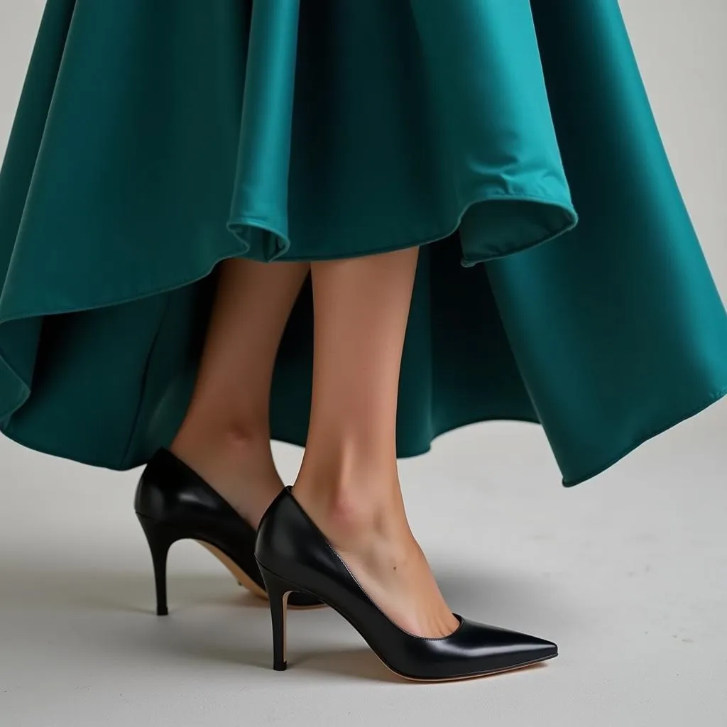 Black pumps paired with a teal dress