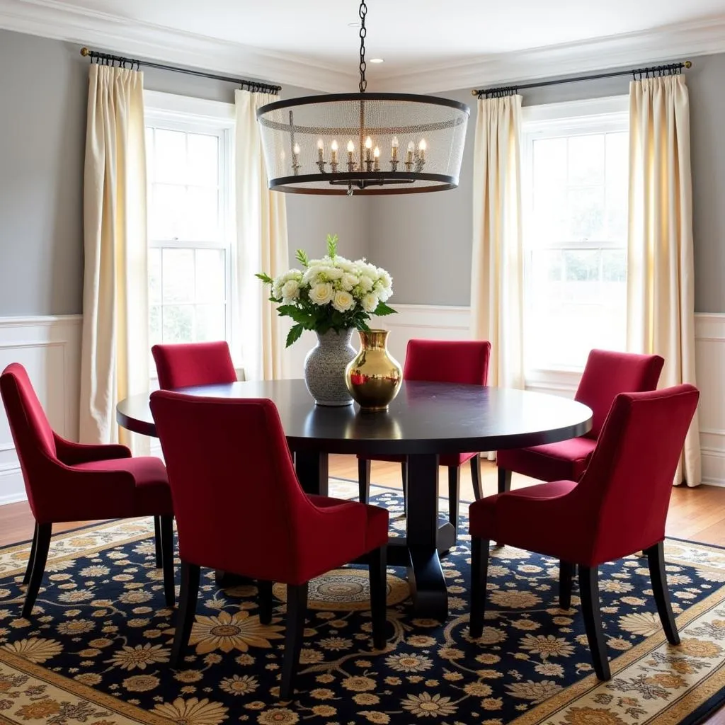 Elegant dining room with black, red, and gold color scheme.