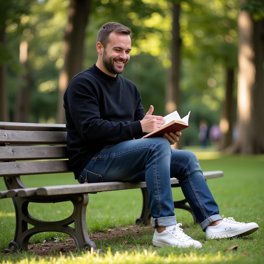 Man in black sweater and blue jeans