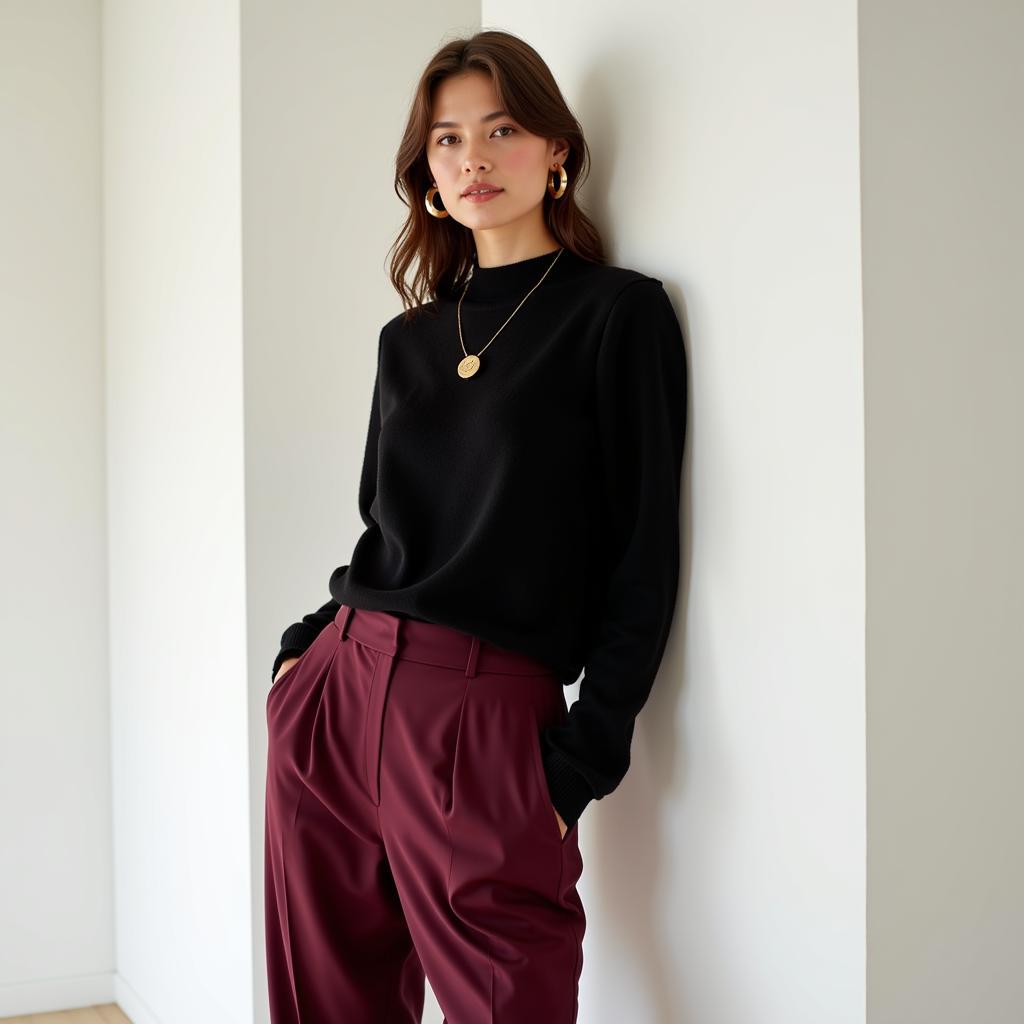 Woman in black sweater and burgundy pants