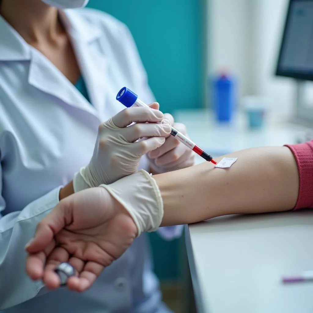 A healthcare professional performing a blood draw for lead level testing