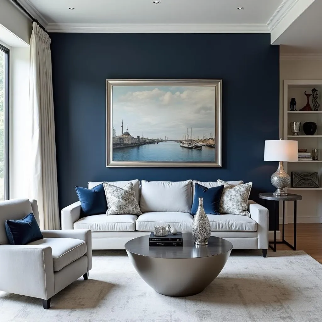 Modern living room with navy blue accent wall and silver accents