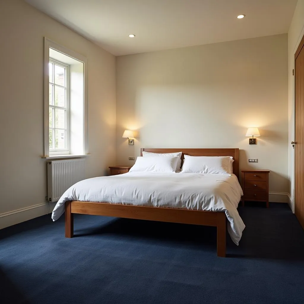 Serene bedroom with blue carpet and cream walls