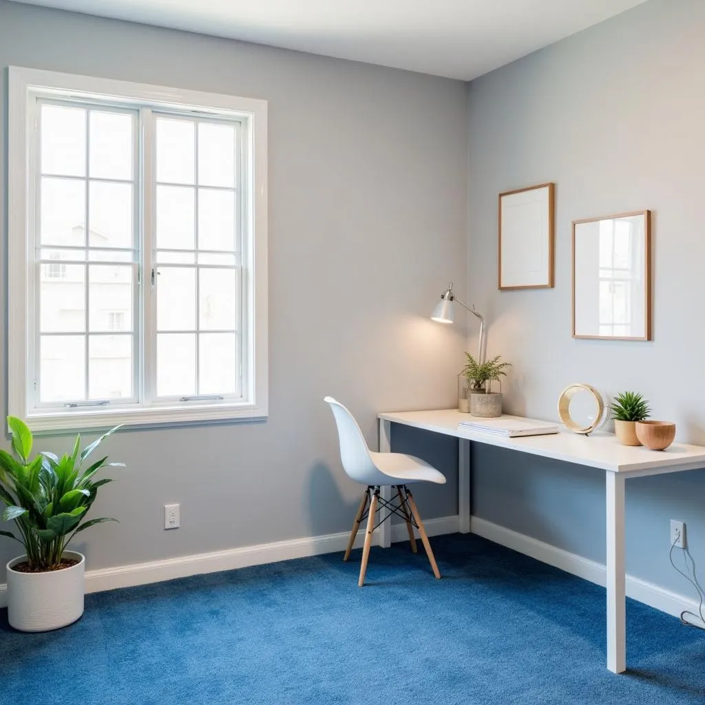 Modern home office with blue carpet and gray walls