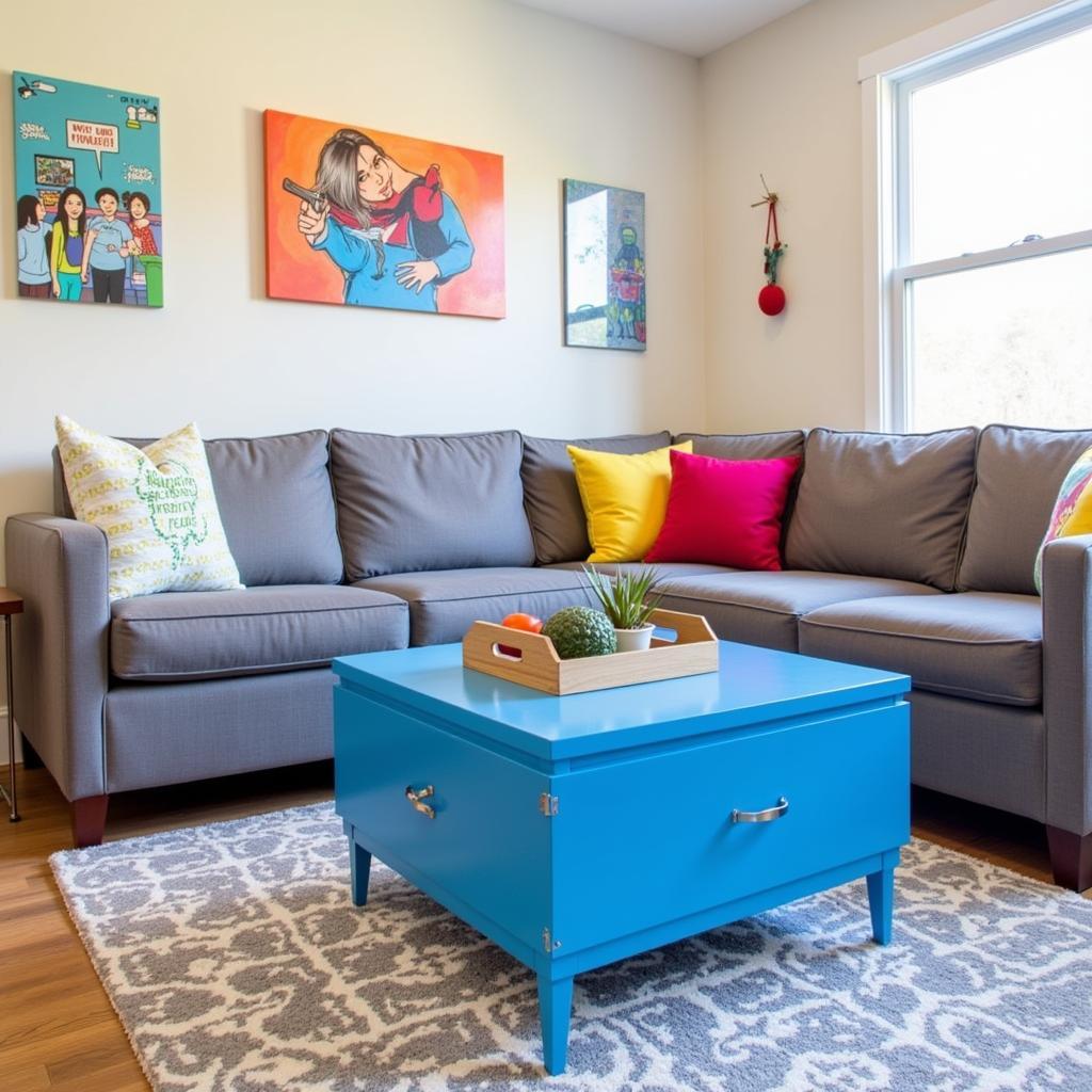 Blue Coffee Table with Grey Sofa